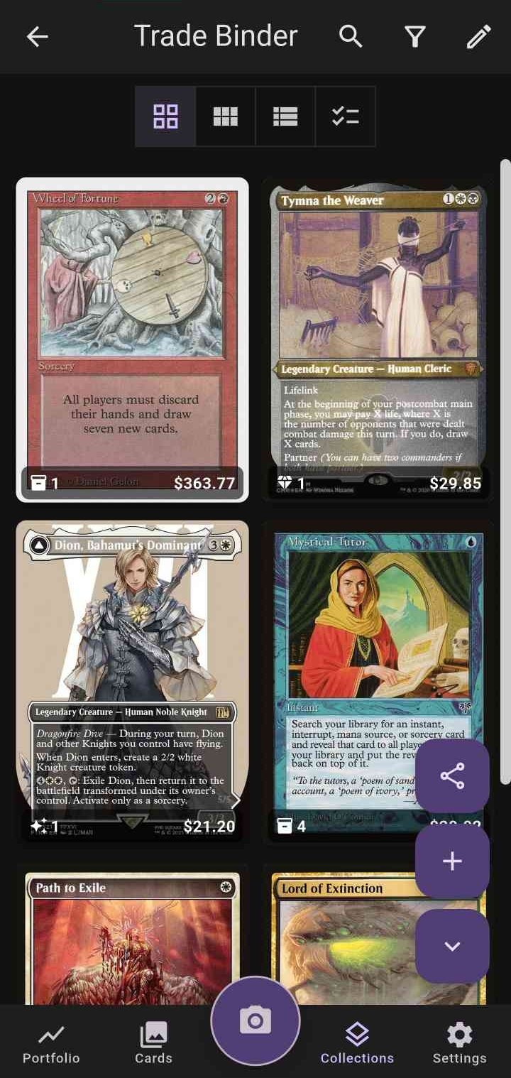 Scattershot collection screen with card quantities and values