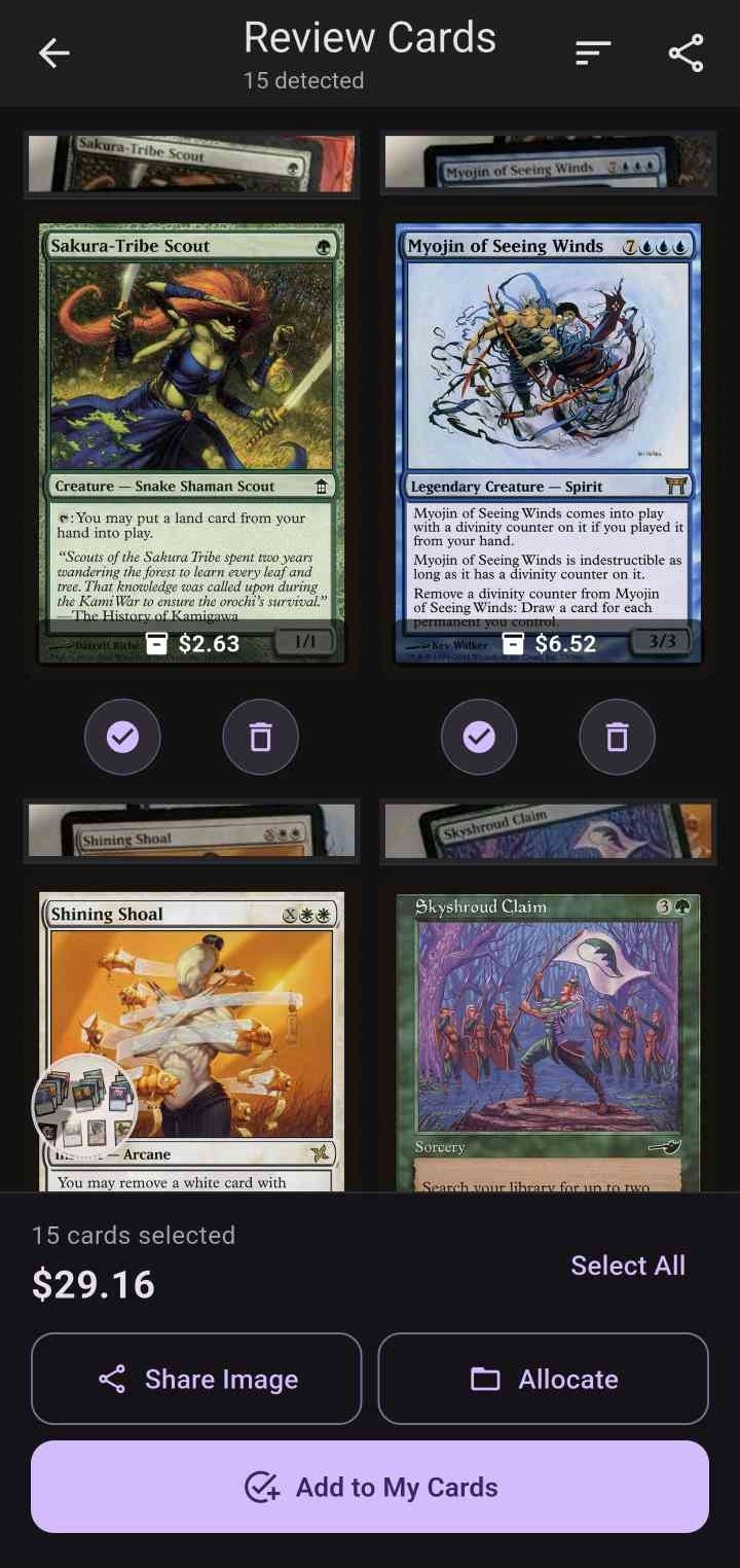 Scattershot Review Cards screen showing detected cards and actions