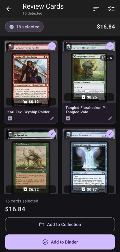 Review cards screen (dark mode)